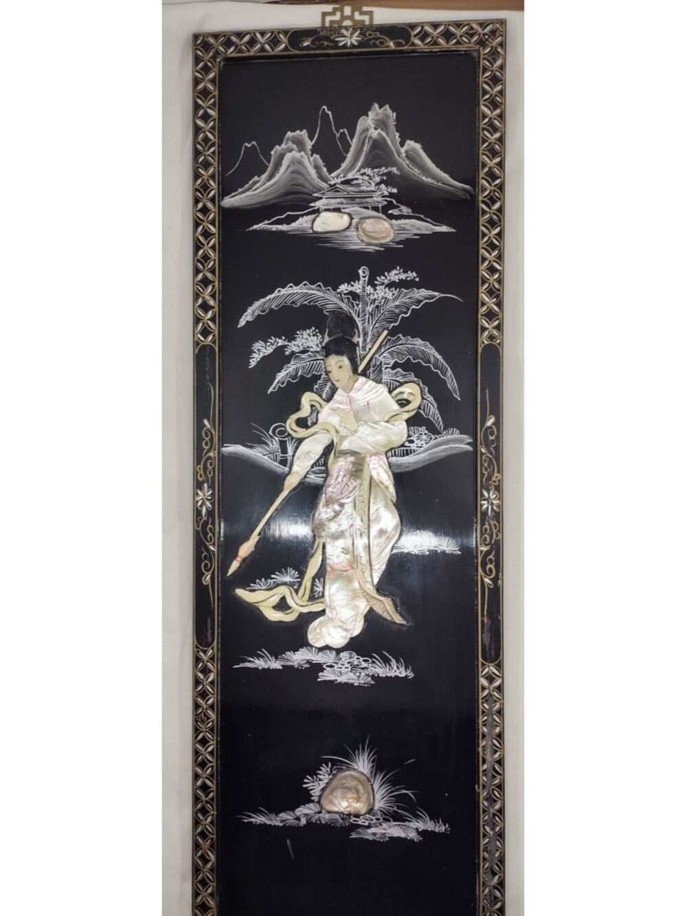 Large Vintage Asian Lacquer Mother of Pearl Inlay Multi Tone Figural Panel